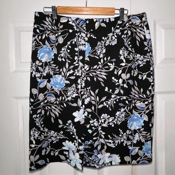 Dressy Pencil Skirt Floral Blue White Black By Kasper Size 14 Office Attire - Picture 3 of 4